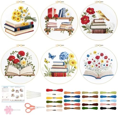 BEUNITONE 6 Set Books Flowers Embroidery Kit for Adult Beginners with Hoops and Instructions Literary Themed Needlepoint Craft Kits Complete DIY Handmade Cross Stitch Set for Book Lovers Home Decor by BEUNITONE