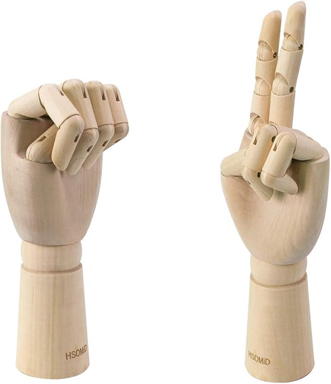 HSOMiD Flexible Wooden Artist Manikin - Moveable Hand Figure, 12 Inches, Men's Left Hand for Sketching, Drawing, Painting & Home Office Decoration