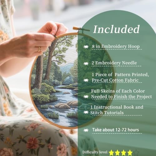 FONNUY Embroidery Kit for Beginners, Boho Nature Landscape Pre-Stamped Pattern Kits for Adults with Hoop, Easy to Follow Color Thread Needlework, 8'' Hoop (Verdant Riverside) - Image 2