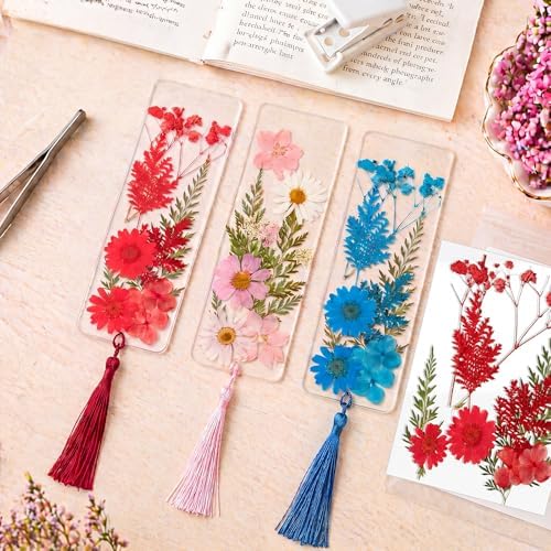 Fuyoooo 61 Pcs Pressed Flower Bookmark Kit,Red Pink Blue,2 x 6 Inch - Image 6