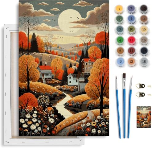 Spandrel Framed Paint by Numbers Kit for Adult Autumn Countryside, Adult Paint by Number Kits on Canvas Village Landscape, DIY Acrylic Oil Fall Painting by Numbers for Home Wall Decor, 8x12in by Unknown