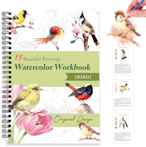 Watercolor Workbooks for Adults Beginners & Teens, 16 Colors 15 Beautiful Paintings, Pre-Outlined Designs, Easy Watercolor Art Book（Without Palette Bird） by Terself