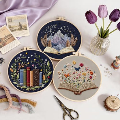 Uniartfy 3 Pack Embroidery Starter Kit, Stamped Book Flower Mountain Butterfly Cross Stitch Kits for Beginners, Needlepoint Kits Adults with Embroidery Hoop and Instructions, Hand Embroidery Kit - Image 5