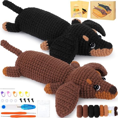 Fortuning's JDS Crochet Kit for Beginners, 2 PCS Dachshund Crochet Kits by FortuningsJDS