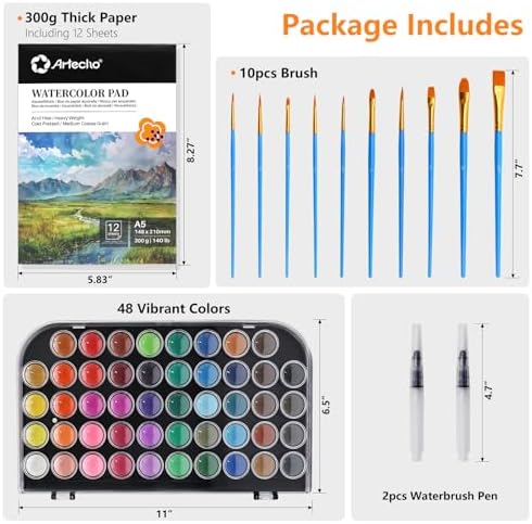 Artecho 48 Colors Watercolor Paint Set, 10 Brushes - Image 2