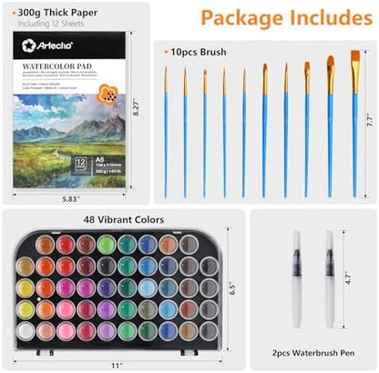 Artecho 48 Colors Watercolor Paint Set, 10 Brushes - Image 2