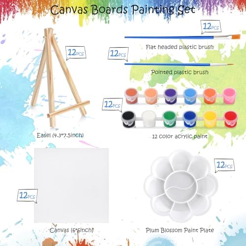 Hdviai Acrylic Paint Canvas Set – Canvas Painting Kit with Wood Easels, Brushes, Paint Sticks, Palettes – Art Supplies for Beginners, Ideal for Parties & DIY Painting (6 x 6inch) - Image 2