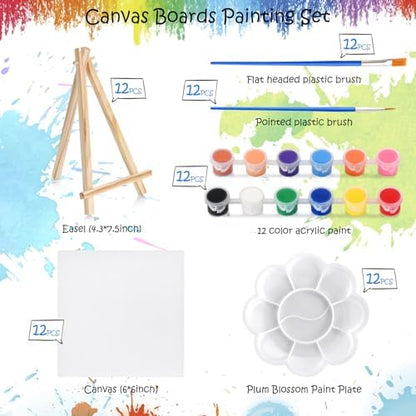 Hdviai Acrylic Paint Canvas Set – Canvas Painting Kit with Wood Easels, Brushes, Paint Sticks, Palettes – Art Supplies for Beginners, Ideal for Parties & DIY Painting (6 x 6inch) - Image 2