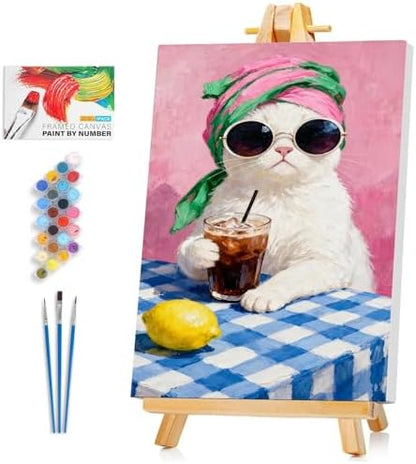 Framed Paint by Numbers Kit for Adults Beginner & Kids Ages 8-12, Funny Cat Paint by Numbers with frame, without Easel, DIY Acrylic Number Painting for Adults Animal for Home Decor Gift 8 x 12 Inch by Unknown