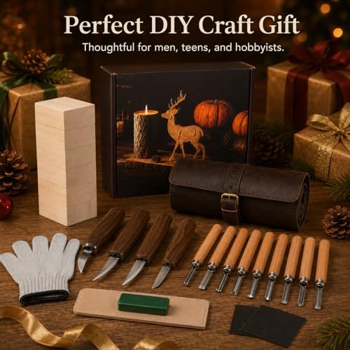 26Pcs Deluxe Wood Carving Kit, Whittling Knife Set with Leather Storage Case, Basswood Blocks & Safety Gloves, Woodworking Tools for Beginners Adults Kids, DIY Craft Gift for Men Teens - Image 7