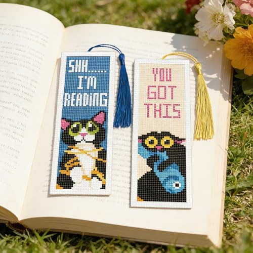 INFUNLY 6 Pcs Cat Quotes Stamped Embroidery Bookmark 8.5x3 inch Cartoon Kitten Stamped Cross Stitch Kit for Adults DIY Reading Quote Stitch Bookmarks Kit for Readers Writers Craft Gift - Image 5