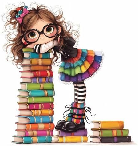 Cute Woman with Books Stamped Cross Stitch Kits for Beginner 13.7x13.7 Inch by Mosaflare