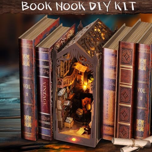 DIY Book Nook Kit: 3D Wooden Puzzle Shelf Insert with LED Light - Miniature Dollhouse Bookend Decor for Adults and Teens - Creative Gift - Image 2