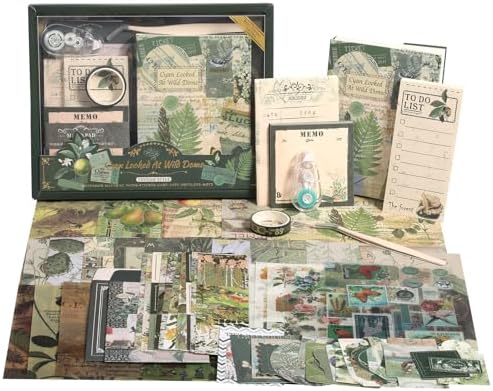 Scrapbook Photo Album Supplies Kit with Tweezers and Glue Tape, Green Aesthetic Vintage Junk Journal Scrapbooking Paper, Sticker Pack, Notebook Craft Supplies, DIY Gift for Adult Men Women (Wild Dome) by Unknown