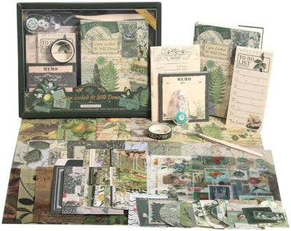 Scrapbook Photo Album Supplies Kit with Tweezers and Glue Tape, Green Aesthetic Vintage Junk Journal Scrapbooking Paper, Sticker Pack, Notebook Craft Supplies, DIY Gift for Adult Men Women (Wild Dome) by Unknown