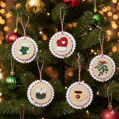 TenDawn Christmas Embroidery Ornament Kit, Set of 6 DIY Holiday Decorations – Santa, Tree, Stocking, Hot Cocoa, Candle & Gift Designs – Rustic Handmade Christmas Decor - Image 2