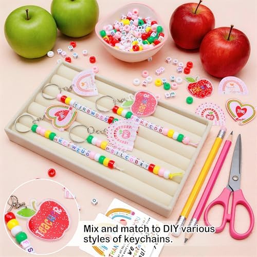 Tuhangcc Unique Design 16 Sets Teacher DIY Charm Bead Keychain Kit with 10 A-Z Letter Beads 16 Charms & Greeting Card for Teacher Day Gift (Teacher's Day) - Image 2