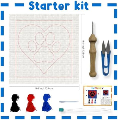 INFUNLY Claw Print Punch Needle Kit for Beginners Red Heart Punch Needle Embroidery Kits for Adults DIY Punch-Stitching Kit with Instruction Threader Needles Square Frame for Wall Decor 9.4''x9.4'' - Image 2