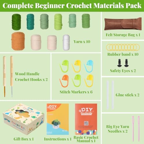 LOMOHOO Crochet Kit for Beginners, 6PCS Crochet Coasters Kit, Flower Potted Plant Crochet Kit with Crochet Hook, Colorful Yarn, Stitch Marker, Instruction, Craft Lover DIY Material Tools(Green) - Image 2
