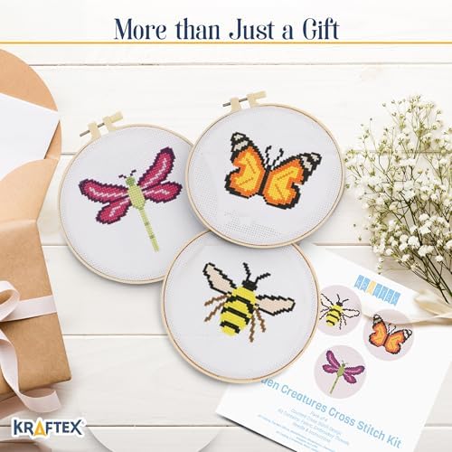 Kraftex Floral Stamped Cross Stitch Kits for Beginners - 3 Pack. DIY Embroidery Needlepoint Patterns for Adults. Easy Cross Stitch Kits for Beginners (Garden Creatures) - Image 6