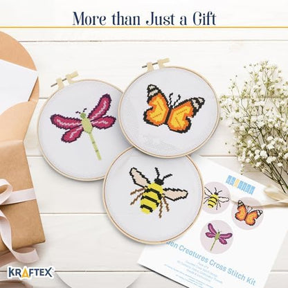 Kraftex Floral Stamped Cross Stitch Kits for Beginners - 3 Pack. DIY Embroidery Needlepoint Patterns for Adults. Easy Cross Stitch Kits for Beginners (Garden Creatures) - Image 6