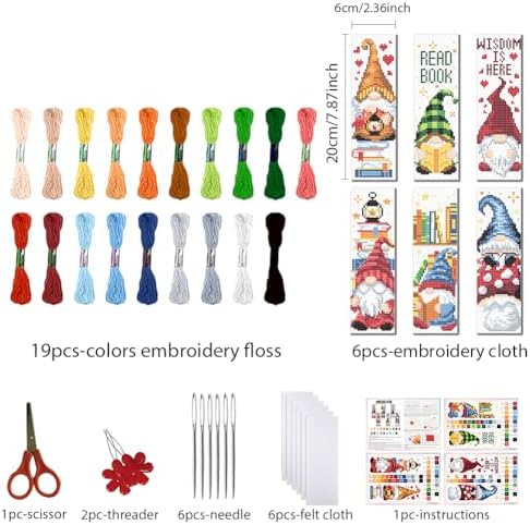 FREEBLOSS 6 Set Cross Stitch Bookmark Kit 11 CT Stamped Cross Stitch Kit DIY Embroidery Bookmark Kits for Adult Beginners with Instructions, Gnome Pattern, 6 x 20 cm/8" x 2.4" - Image 2