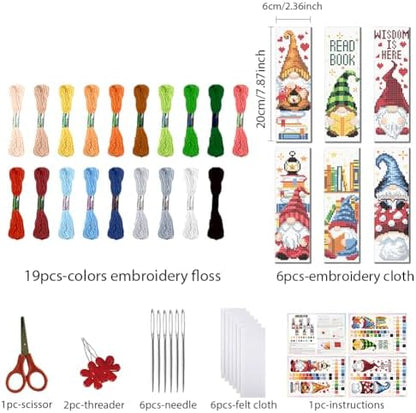 FREEBLOSS 6 Set Cross Stitch Bookmark Kit 11 CT Stamped Cross Stitch Kit DIY Embroidery Bookmark Kits for Adult Beginners with Instructions, Gnome Pattern, 6 x 20 cm/8" x 2.4" - Image 2