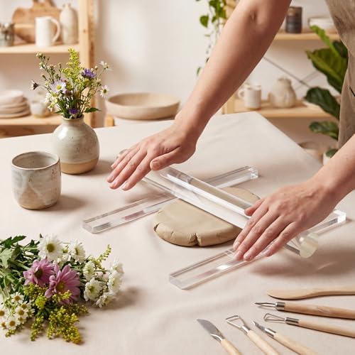 Fiwochic 12 Pcs Acrylic Pottery Tools Set Includes 1 Acrylic Clay Rolling Pin Sculpting Polymer Clay Tools 1 Stain Resistant Tablecloth and 10 Pcs 5 Size Teaching Rolling Mud Stick Guide(Transparent) - Image 4