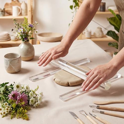 Fiwochic 12 Pcs Acrylic Pottery Tools Set Includes 1 Acrylic Clay Rolling Pin Sculpting Polymer Clay Tools 1 Stain Resistant Tablecloth and 10 Pcs 5 Size Teaching Rolling Mud Stick Guide(Transparent) - Image 4