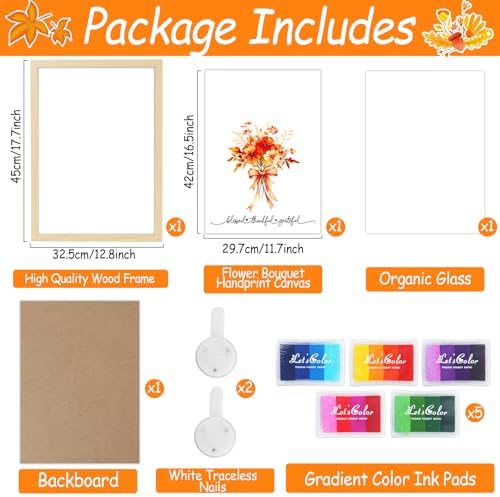 Fall Thanksgiving Flower Bouquet Handprint Art Craft DIY Kit Thanksgiving Day DIY Gifts Fall Thankful Family Handprint Art Keepsake with Wood Frame for Mom Dad Friend Holiday Birthday 12x16 Inch - Image 2
