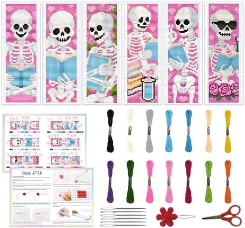 ACRNIGHEET 6PCS Stamped Cross Stitch Bookmark Kit Beginners Halloween Skull by ACRNIGHEET