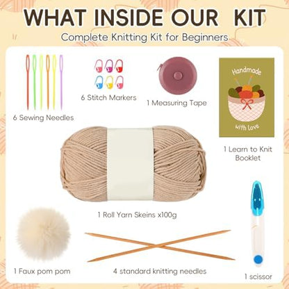 GliCraft Hat Knitting Kit for Beginners with Yarn Needles Pom,Beige - Image 2