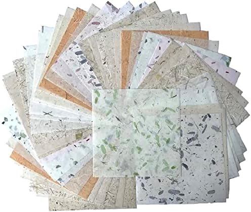 Natural Fiber Mulberry Paper 8 x 8 Inches, 50 Sheets Handmade Banana Bark, Flowers, Leaves,& Botanical Paper for Origami, Scrapbooking, Card Making, DIY Crafts, Mixed Media & Decorative Projects by RATREE888