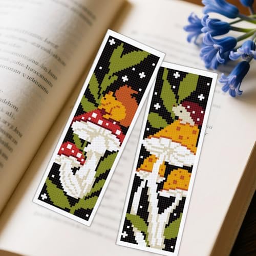ACRNIGHEET 6PCS Stamped Cross Stitch Bookmark Kit for Beginners Mushroom - Image 6