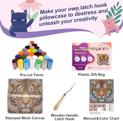 Tiger Latch Hook Pillow Kits for Adults Beginners, Pre-Prined, 17" x 17" - Image 3