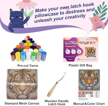 Tiger Latch Hook Pillow Kits for Adults Beginners, Pre-Prined, 17" x 17" - Image 3