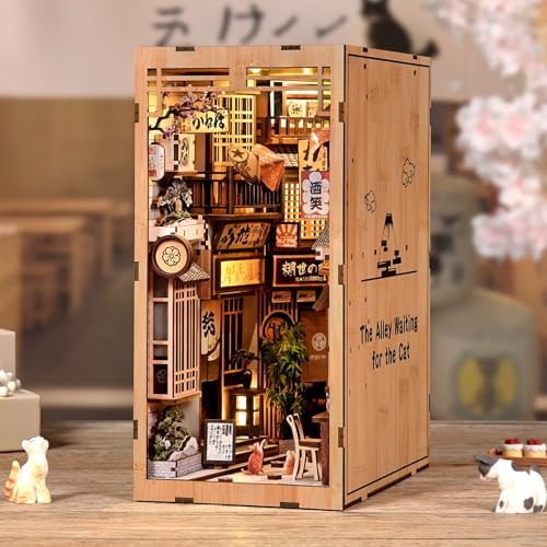 Book Nook Kit, DIY Miniature House Kit for Adults & Teens, Japanese Alley Scene Bookshelf Insert Decor with LED, 3D Wooden Puzzle Gift for Book Lovers (Cat Alley) - Image 3