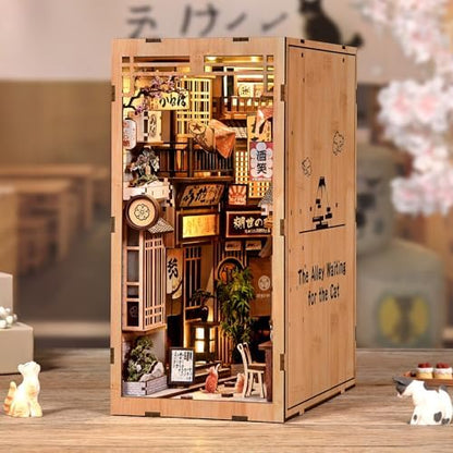 Book Nook Kit, DIY Miniature House Kit for Adults & Teens, Japanese Alley Scene Bookshelf Insert Decor with LED, 3D Wooden Puzzle Gift for Book Lovers (Cat Alley) - Image 3
