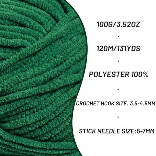 Plush Chunky Chenille Yarn for Crocheting, Soft Fluffy Velvet Yarn for Crocheting, Fuzzy Baby Blanket Knitting Yarns, 100g/131yds Bulky Amigurumi Yarns（Greener） - Image 2