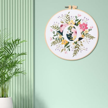 IUHUI Embroidery Kit for Beginners Adults - 26 Floral Letters Easy Patterns, DIY Hand Stitching Embroidery Set with Hoop (Flower and Grass Letter O) - Image 3
