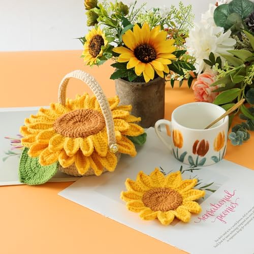 LOMOHOO Crochet Kit for Beginners, 5PCS Crochet Coasters Kit, Sunflower Potted Plant Crochet Kit with Crochet Hook, Colorful Yarn, Stitch Marker, Instruction, Craft Lover DIY Material Tools(Sunflower) - Image 3