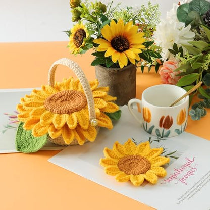 LOMOHOO Crochet Kit for Beginners, 5PCS Crochet Coasters Kit, Sunflower Potted Plant Crochet Kit with Crochet Hook, Colorful Yarn, Stitch Marker, Instruction, Craft Lover DIY Material Tools(Sunflower) - Image 3