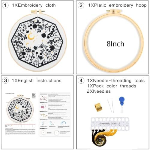 Mystical Embroidery Kits for Beginners Adults, Moon Wild Flowers Embroidery Starter Kit, Floral Stamped Cross Stitch Kits Needlepoint Kits for Beginners Adults, Embroidery Hoop, Thread, Video Tutorial - Image 7