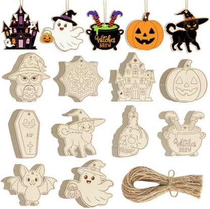 80PCS Wooden Halloween Ornaments to Paint Fall Decorations,10 Styles DIY Blank Autumn Unfinished Wood Skull Pumpkin Ghost Bat Witch Feet Halloween Cutouts Ornament for Crafts Party Hanging by Sophena