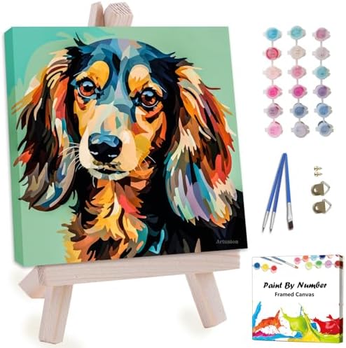 Artunion Framed Paint by Numbers Kit for Adults Beginners & Kids Ages 8-12,Colorful Dachshund Dog Paint by Number with Frame,Dog Animal Paint by Numbers Kit on Canvas 10 * 10 Inch Without Easel by ArtunionDriect