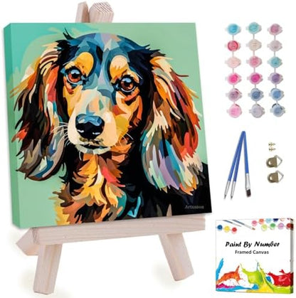 Artunion Framed Paint by Numbers Kit for Adults Beginners & Kids Ages 8-12,Colorful Dachshund Dog Paint by Number with Frame,Dog Animal Paint by Numbers Kit on Canvas 10 * 10 Inch Without Easel by ArtunionDriect
