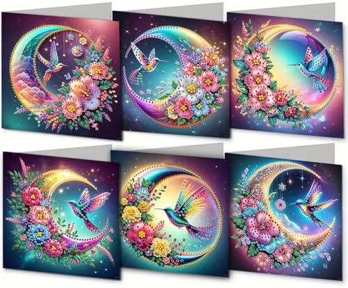Diamond Art Cards with Envelopes–6PCS DIY Diamond Painting Greeting Cards Kit | Card Making Kit with Bling for Adults & Beginners | Birthday,Holiday & Thank You Cards (Hummingbird and Moon) by Unknown