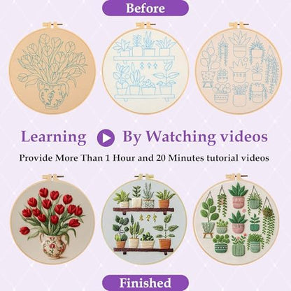 3 Pack Embroidery Kit for Adult Beginners, Needlepoint Cross Stitch Kits with Flower and Green Plant Stamped Patterns, Embroidery Hoop, Tools,Colorful Threads,Step by Step Instructions,DIY Starter Kit - Image 4