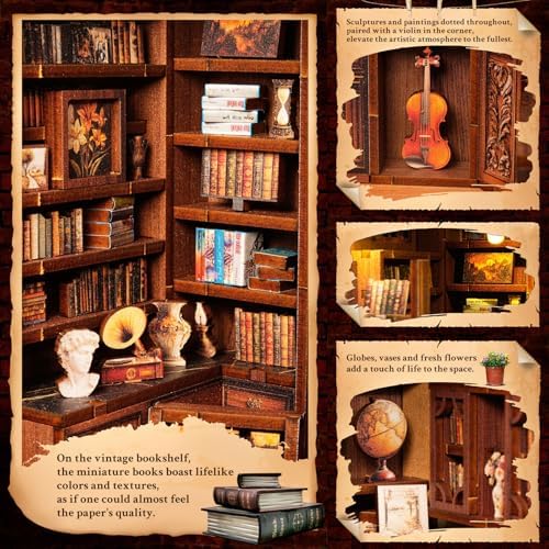 Book Nook Kit Retro Private Bookcase 3D Wood Miniature House with LED Light - Image 5