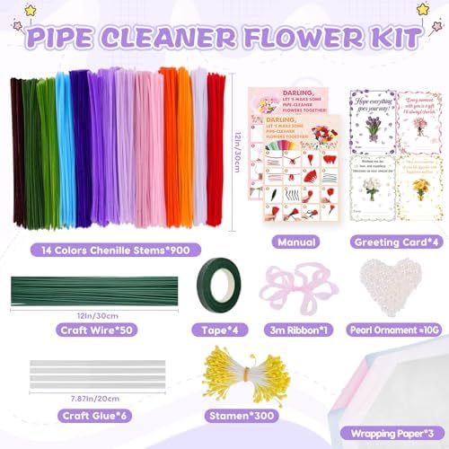 900 PCS Pipe Cleaners Craft, Pipe Cleaner Bulk Flower Kit 14 Colors Chenille Stems Flower Making Kit with Greeting Card, Floral Wires, Tape, Stamen, Floral Wrapping Paper & Ribbon for Art DIY Flowers - Image 2